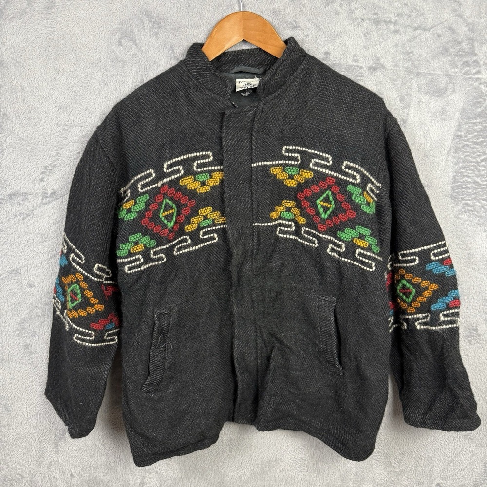 Parvati‎ Diffusion Wool Zip Up Jacket M Aztec Southwestern Black Nepal Boho